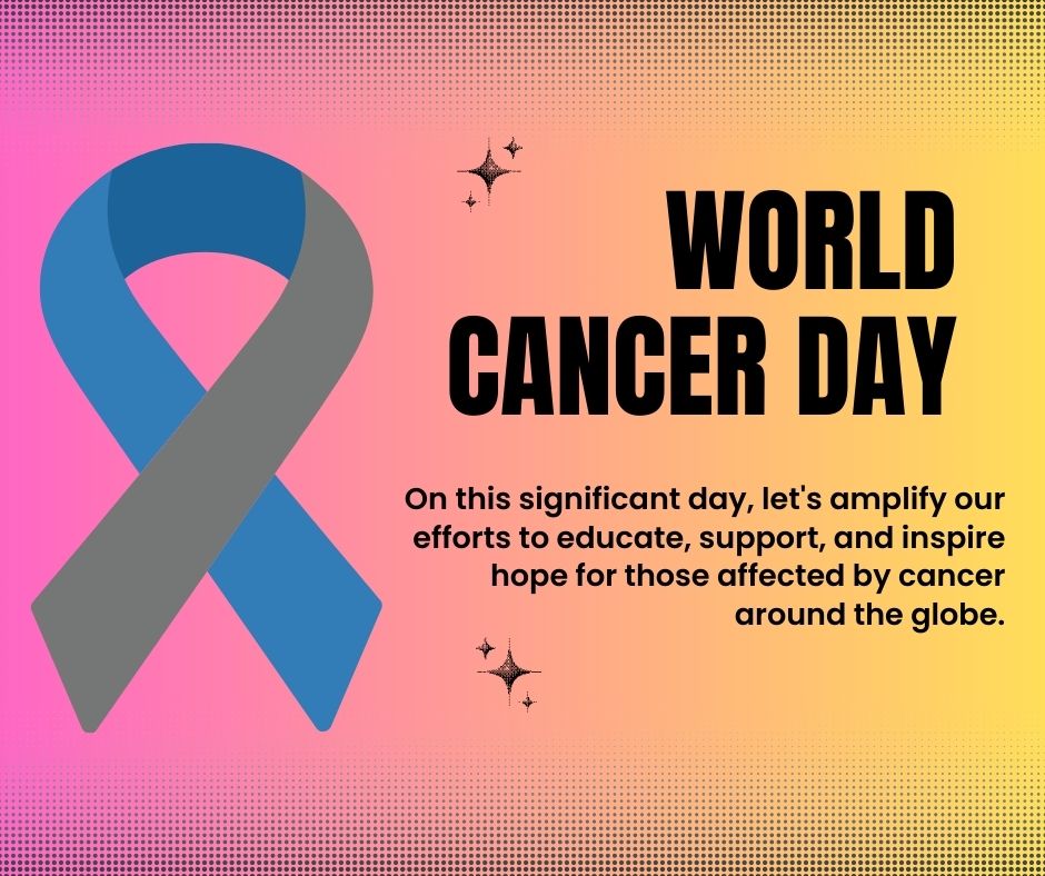 Multicolor ribbon symbolizing support for all cancer types, with text promoting World Cancer Day awareness.